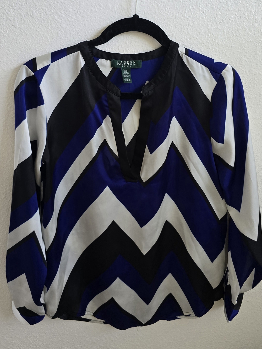 Ralph Lauren Blue Black and White Chevron V-Neck Blouse